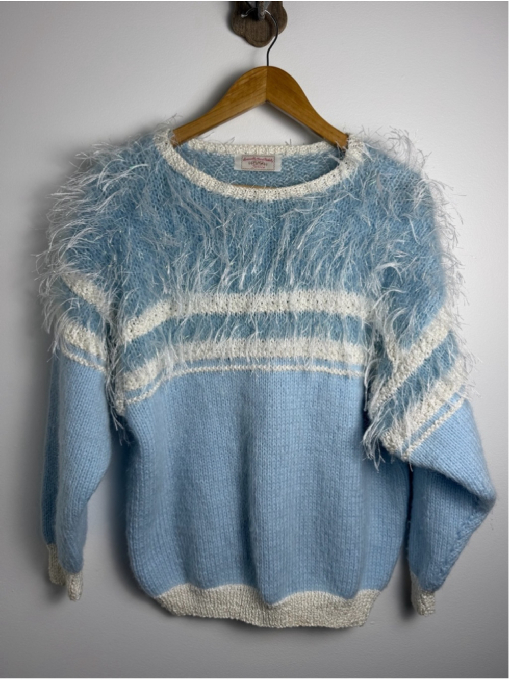 Handmade Fuzzy Eyelash Knit Sweater Blue White Metallic